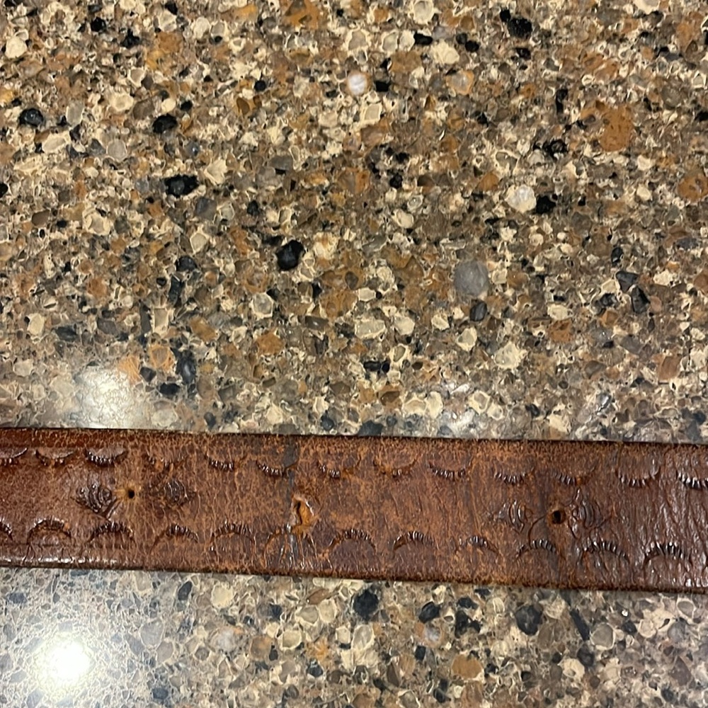 Vintage Art Deco Brass Buckle Brown Scrolled Leather Belt XL - Picture 6 of 14